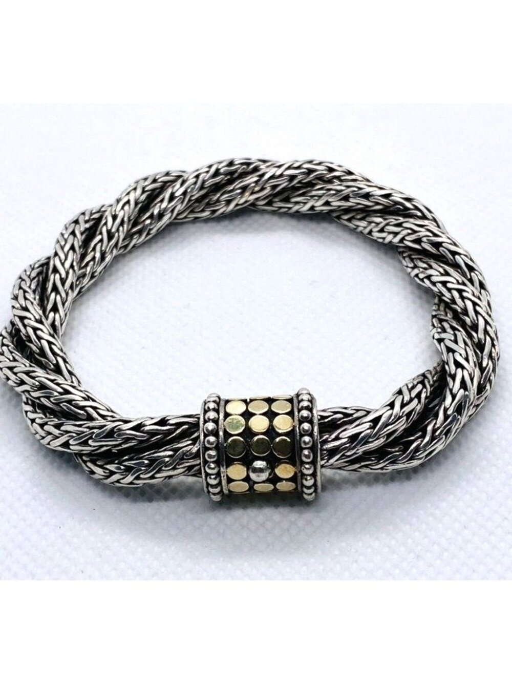 John Hardy Classic Woven Chain Sterling Silver 925 18K Yellow Gold Dot Bracelet